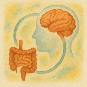 Watercolor brain–gut connection graphic linking a human silhouette and intestines in a circular loop