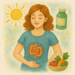 Smiling woman with glowing stomach surrounded by sun, supplement bottle and fresh vegetables