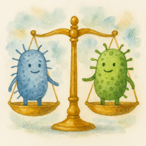 Cute blue and green probiotic characters balanced on golden scales symbolizing microbiome harmony