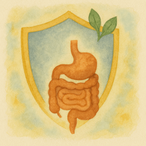 Digestive tract over a golden shield with green leaf accent symbolizing strong gut lining protection