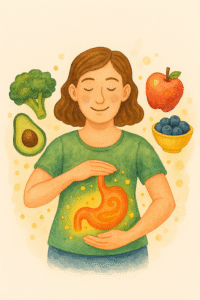 Content woman with glowing stomach framed by broccoli, avocado, apple and blueberries for smooth digestion