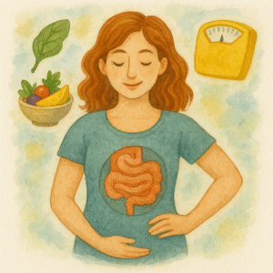 Woman with gut graphic, produce bowl and yellow scale highlighting gut-friendly weight balance