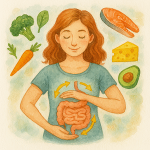 Woman with digestive arrows surrounded by salmon, cheese, avocado and greens demonstrating absorption