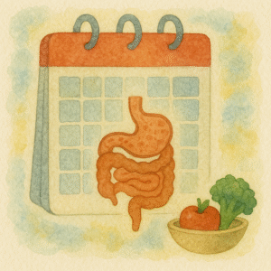 Calendar page featuring digestive tract beside vegetables representing regular digestive schedule