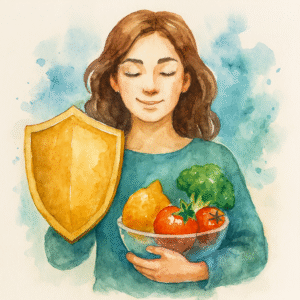 Woman holding golden shield and bowl of fresh veggies symbolizing gut-powered immune strength