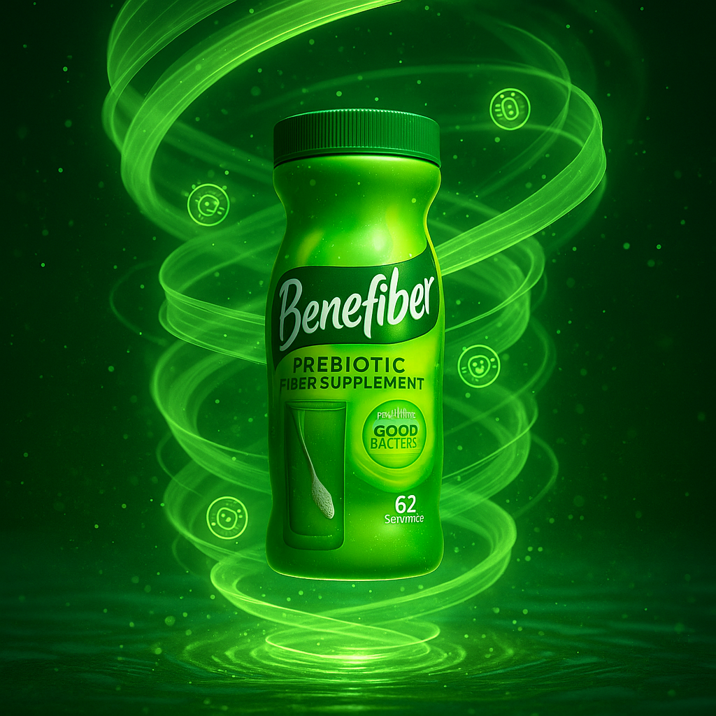 Benefiber prebiotic fiber swirling in vibrant green vortex