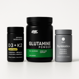 Minimalist mockup of the Leaky Gut Reset Pack showing three sleek supplement jars on a white backdrop