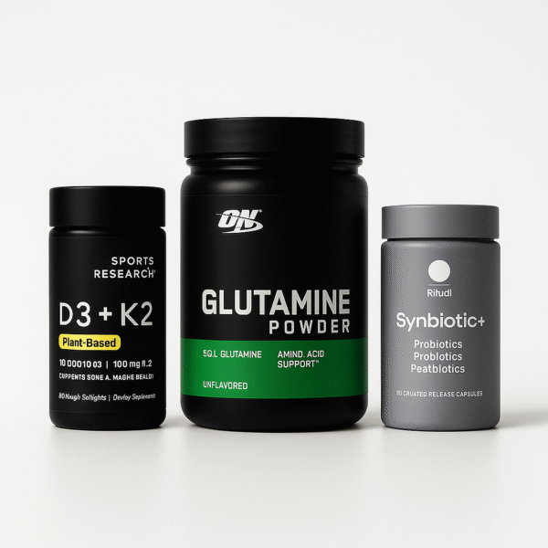 Minimalist mockup of the Leaky Gut Reset Pack showing three sleek supplement jars on a white backdrop