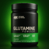 Glutamine powder jar glowing with emerald halo