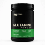 Glutamine powder jar on white background