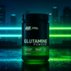 Glutamine powder jar lit by cyan and lime neon on wet rooftop