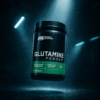 Glutamine powder jar floating in zero-g spotlight