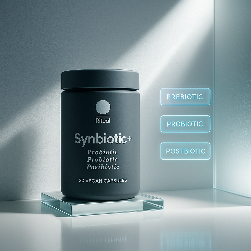 Synbiotic capsules jar on glass plinth in sharp lab light