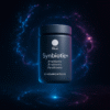 Synbiotic capsules jar floating in glowing nebula