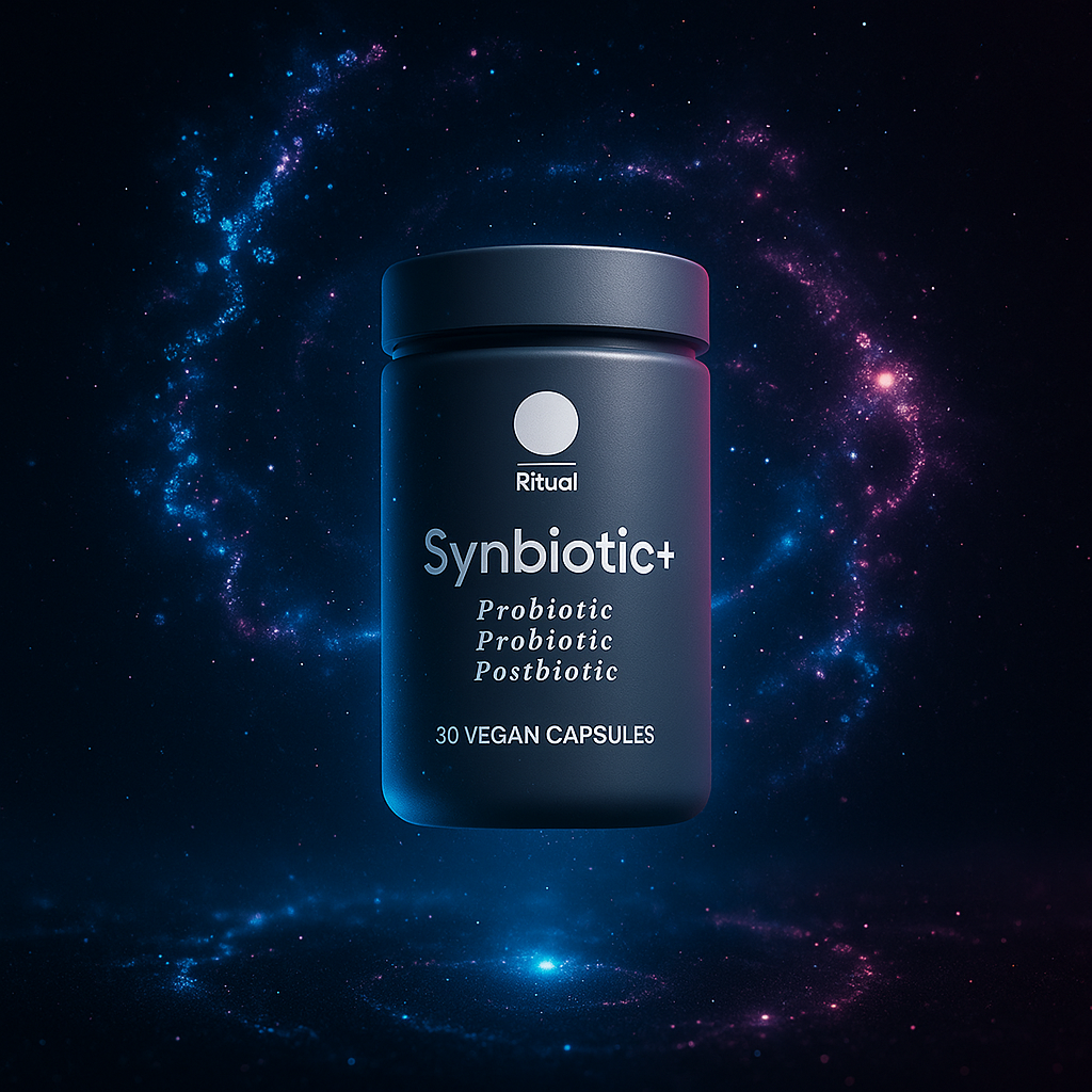 Synbiotic capsules jar floating in glowing nebula