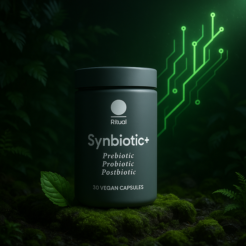 Synbiotic capsules jar amid moss with neon circuitry