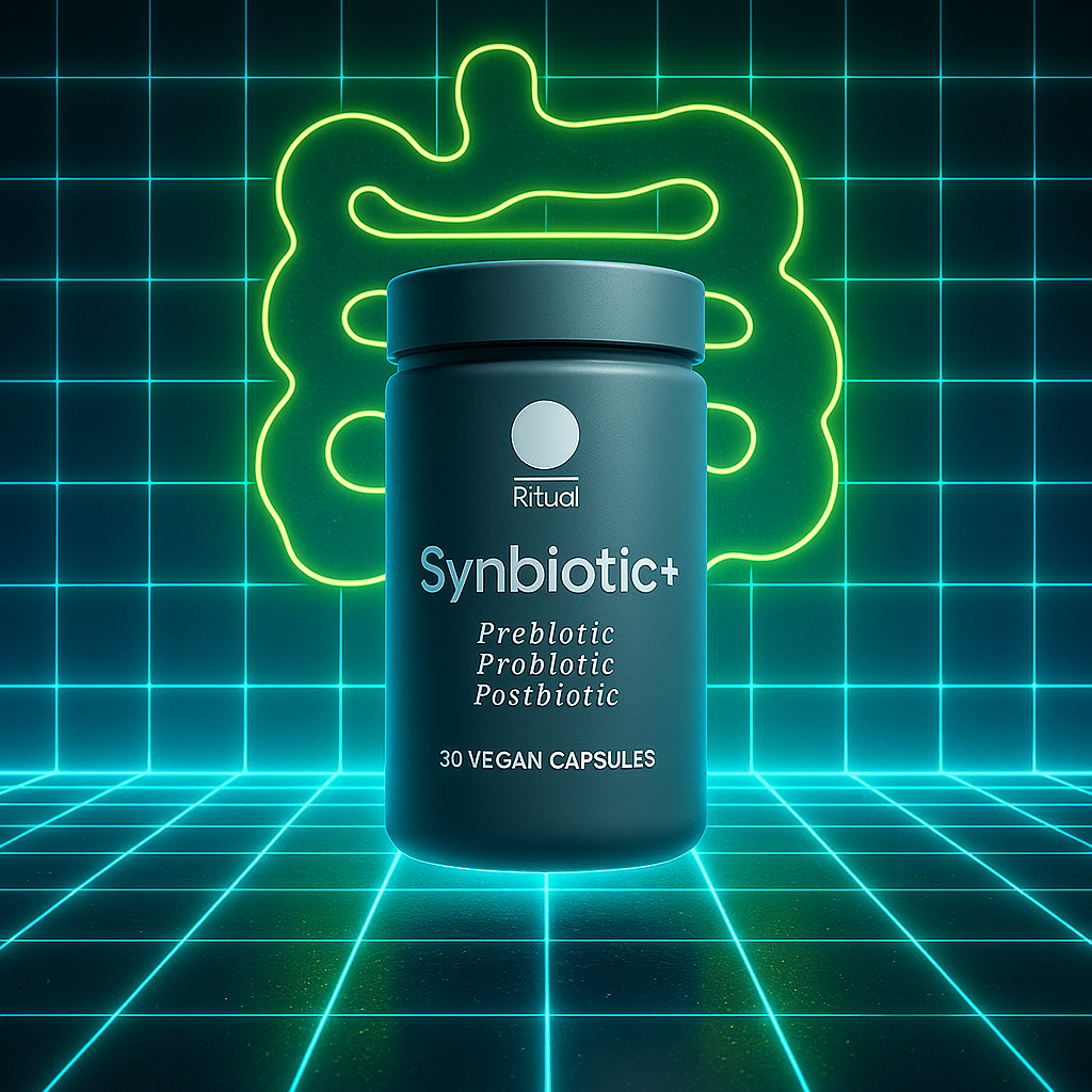 Synbiotic capsules jar on cyan-lime neon gut grid