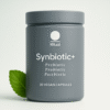 Ritual Synbiotic+ bottle of 30 vegan capsules with mint leaf, highlighting prebiotic, probiotic and postbiotic support