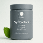 Ritual Synbiotic+ bottle of 30 vegan capsules with mint leaf, highlighting prebiotic, probiotic and postbiotic support