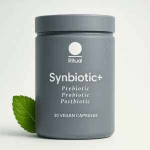 Ritual Synbiotic+ bottle of 30 vegan capsules with mint leaf, highlighting prebiotic, probiotic and postbiotic support