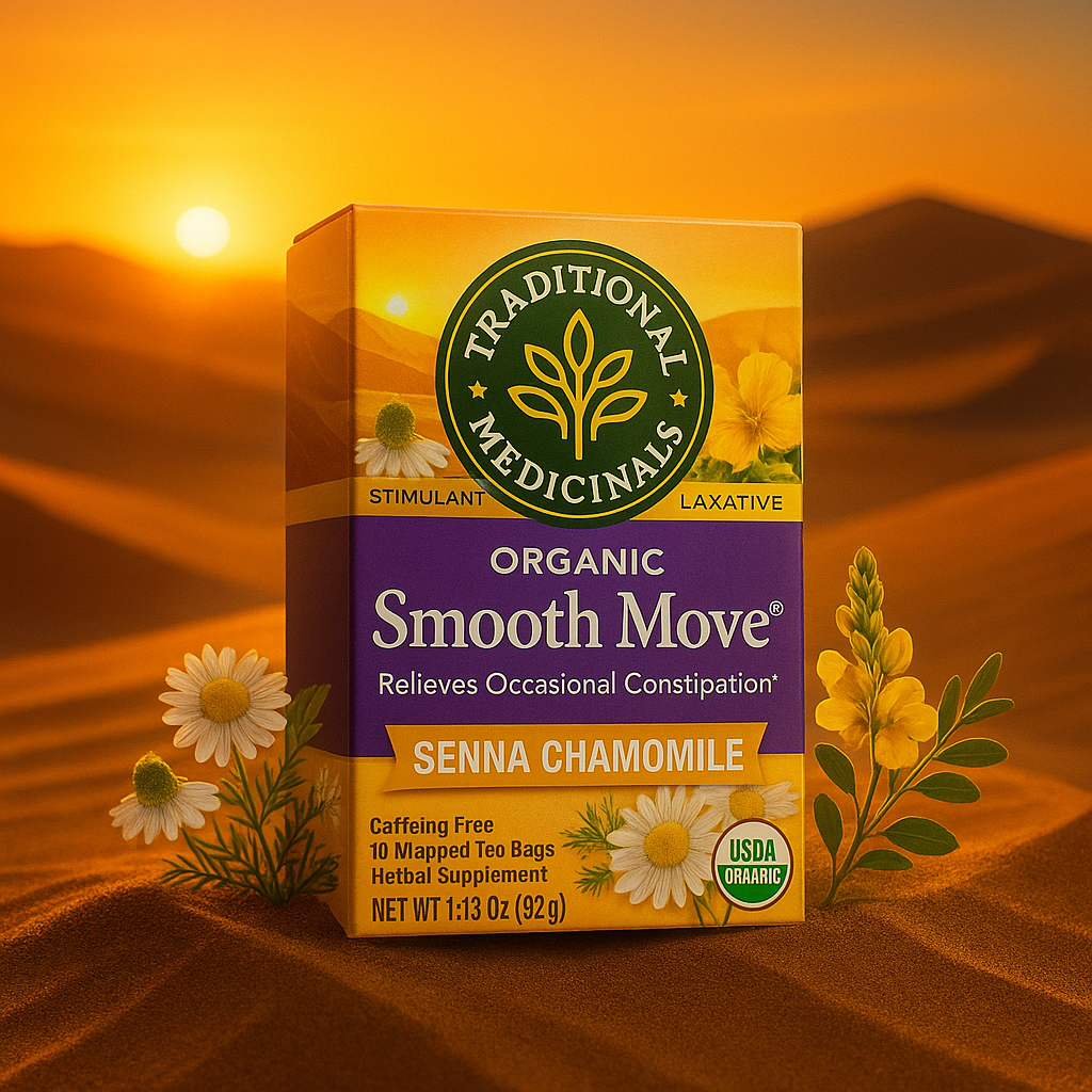 Smooth Move tea box amid blooming herbs on sunset dune