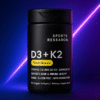 Sports Research Plant-Based D3 + K2 bottle on an electric midnight gradient with a neon violet beam