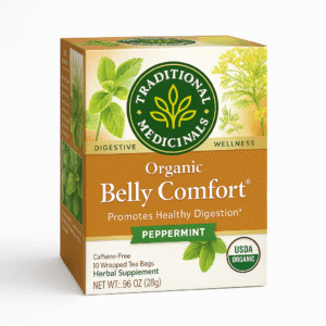 Organic Belly Comfort peppermint tea box on white background