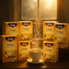 Ginger tea 6-pack glowing in sunrise kitchen scene