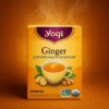 Ginger tea box with warm steam and amber fade